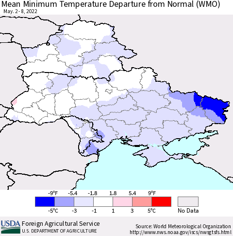 Ukraine, Moldova and Belarus Mean Minimum Temperature Departure from Normal (WMO) Thematic Map For 5/2/2022 - 5/8/2022