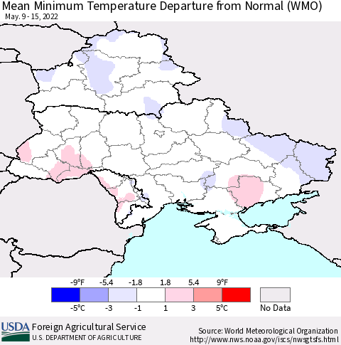Ukraine, Moldova and Belarus Mean Minimum Temperature Departure from Normal (WMO) Thematic Map For 5/9/2022 - 5/15/2022