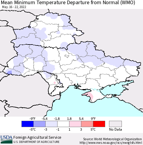 Ukraine, Moldova and Belarus Mean Minimum Temperature Departure from Normal (WMO) Thematic Map For 5/16/2022 - 5/22/2022