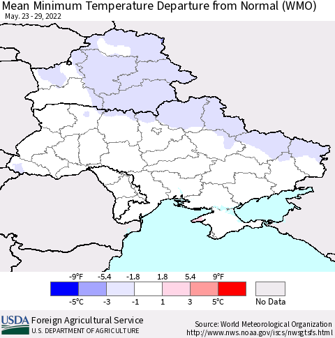 Ukraine, Moldova and Belarus Mean Minimum Temperature Departure from Normal (WMO) Thematic Map For 5/23/2022 - 5/29/2022