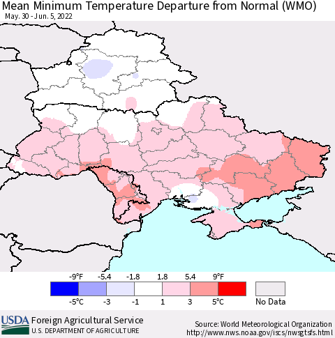 Ukraine, Moldova and Belarus Mean Minimum Temperature Departure from Normal (WMO) Thematic Map For 5/30/2022 - 6/5/2022
