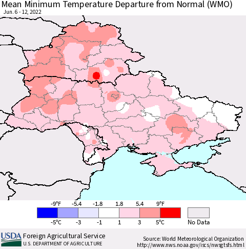 Ukraine, Moldova and Belarus Mean Minimum Temperature Departure from Normal (WMO) Thematic Map For 6/6/2022 - 6/12/2022