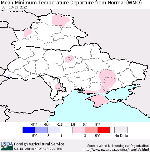 Ukraine, Moldova and Belarus Mean Minimum Temperature Departure from Normal (WMO) Thematic Map For 6/13/2022 - 6/19/2022