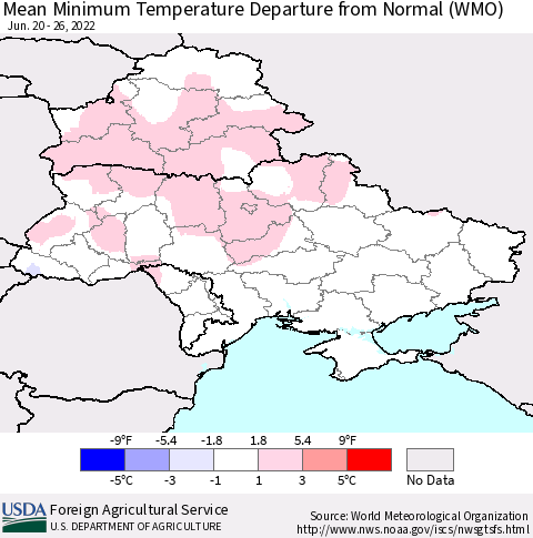 Ukraine, Moldova and Belarus Mean Minimum Temperature Departure from Normal (WMO) Thematic Map For 6/20/2022 - 6/26/2022