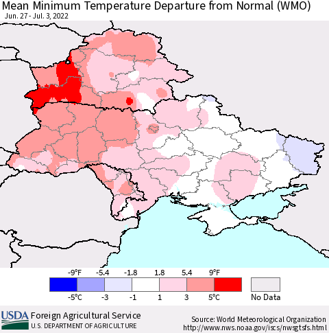 Ukraine, Moldova and Belarus Mean Minimum Temperature Departure from Normal (WMO) Thematic Map For 6/27/2022 - 7/3/2022