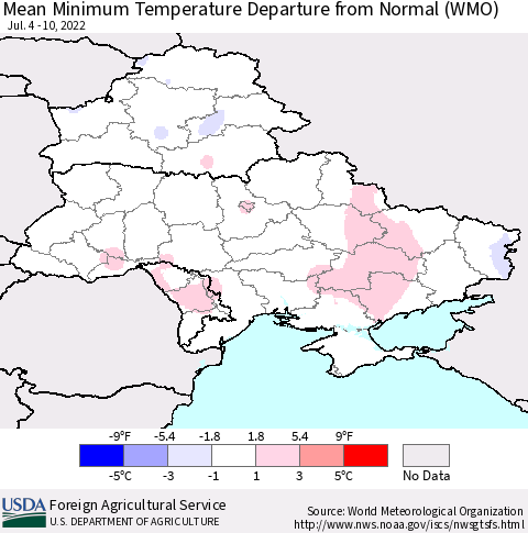 Ukraine, Moldova and Belarus Mean Minimum Temperature Departure from Normal (WMO) Thematic Map For 7/4/2022 - 7/10/2022