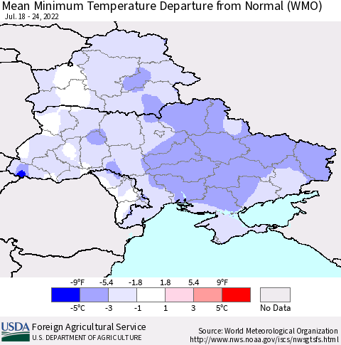 Ukraine, Moldova and Belarus Mean Minimum Temperature Departure from Normal (WMO) Thematic Map For 7/18/2022 - 7/24/2022