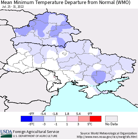 Ukraine, Moldova and Belarus Mean Minimum Temperature Departure from Normal (WMO) Thematic Map For 7/25/2022 - 7/31/2022