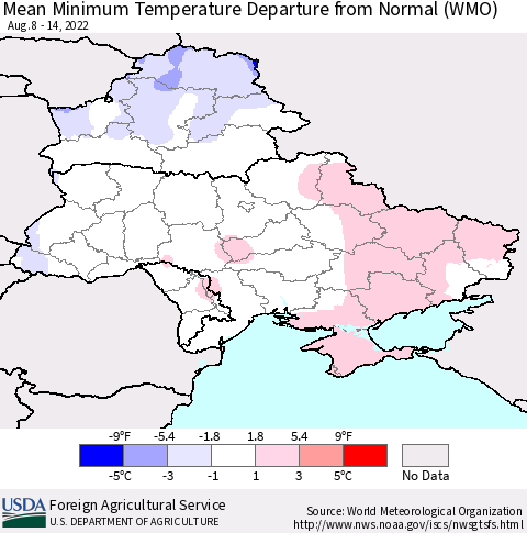 Ukraine, Moldova and Belarus Mean Minimum Temperature Departure from Normal (WMO) Thematic Map For 8/8/2022 - 8/14/2022