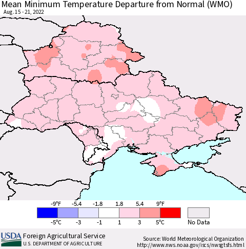 Ukraine, Moldova and Belarus Mean Minimum Temperature Departure from Normal (WMO) Thematic Map For 8/15/2022 - 8/21/2022