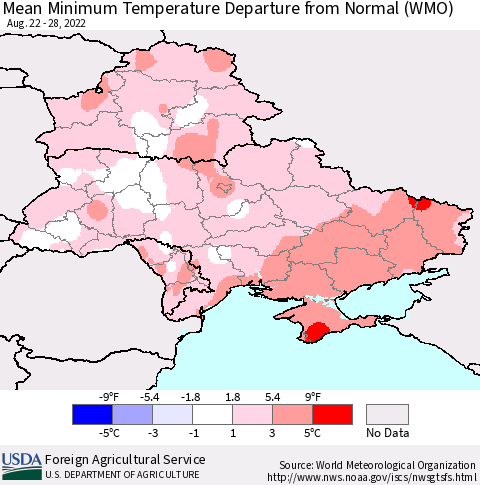 Ukraine, Moldova and Belarus Mean Minimum Temperature Departure from Normal (WMO) Thematic Map For 8/22/2022 - 8/28/2022