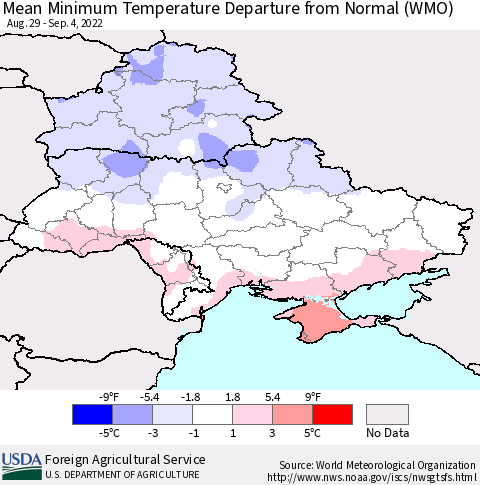 Ukraine, Moldova and Belarus Mean Minimum Temperature Departure from Normal (WMO) Thematic Map For 8/29/2022 - 9/4/2022