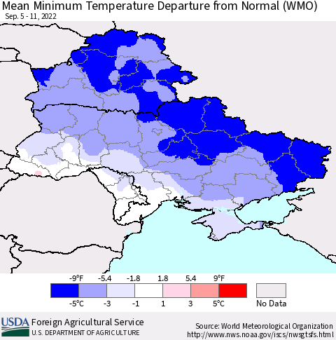 Ukraine, Moldova and Belarus Mean Minimum Temperature Departure from Normal (WMO) Thematic Map For 9/5/2022 - 9/11/2022
