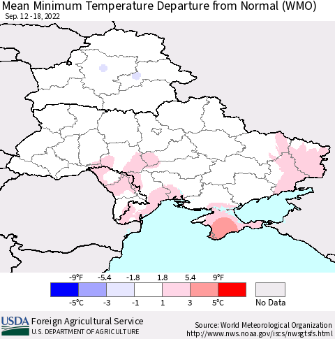 Ukraine, Moldova and Belarus Mean Minimum Temperature Departure from Normal (WMO) Thematic Map For 9/12/2022 - 9/18/2022