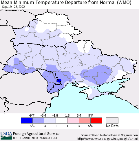 Ukraine, Moldova and Belarus Mean Minimum Temperature Departure from Normal (WMO) Thematic Map For 9/19/2022 - 9/25/2022