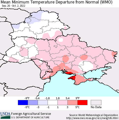 Ukraine, Moldova and Belarus Mean Minimum Temperature Departure from Normal (WMO) Thematic Map For 9/26/2022 - 10/2/2022