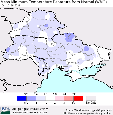 Ukraine, Moldova and Belarus Mean Minimum Temperature Departure from Normal (WMO) Thematic Map For 10/10/2022 - 10/16/2022