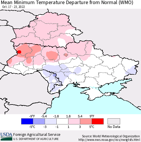 Ukraine, Moldova and Belarus Mean Minimum Temperature Departure from Normal (WMO) Thematic Map For 10/17/2022 - 10/23/2022