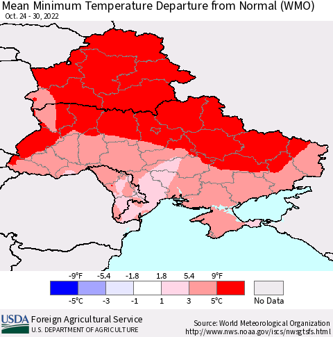 Ukraine, Moldova and Belarus Mean Minimum Temperature Departure from Normal (WMO) Thematic Map For 10/24/2022 - 10/30/2022