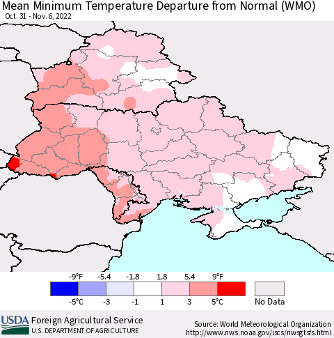Ukraine, Moldova and Belarus Mean Minimum Temperature Departure from Normal (WMO) Thematic Map For 10/31/2022 - 11/6/2022