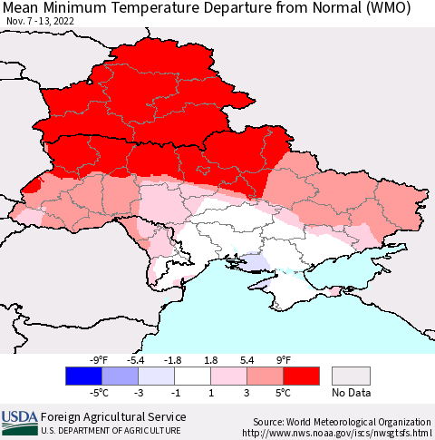 Ukraine, Moldova and Belarus Mean Minimum Temperature Departure from Normal (WMO) Thematic Map For 11/7/2022 - 11/13/2022