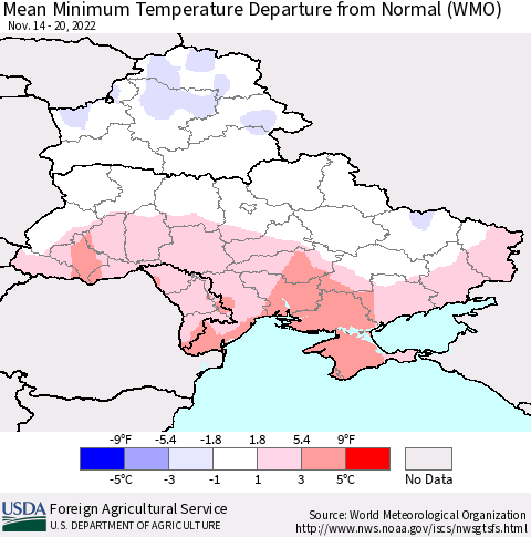 Ukraine, Moldova and Belarus Mean Minimum Temperature Departure from Normal (WMO) Thematic Map For 11/14/2022 - 11/20/2022
