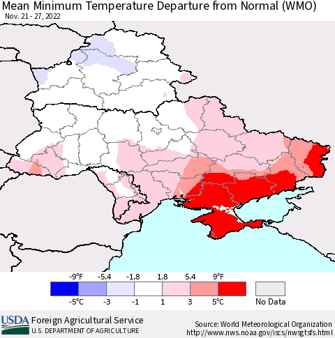 Ukraine, Moldova and Belarus Mean Minimum Temperature Departure from Normal (WMO) Thematic Map For 11/21/2022 - 11/27/2022