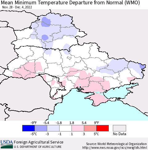 Ukraine, Moldova and Belarus Mean Minimum Temperature Departure from Normal (WMO) Thematic Map For 11/28/2022 - 12/4/2022
