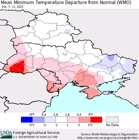 Ukraine, Moldova and Belarus Mean Minimum Temperature Departure from Normal (WMO) Thematic Map For 12/5/2022 - 12/11/2022