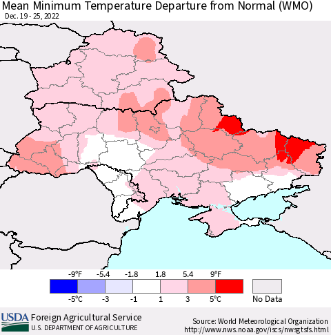 Ukraine, Moldova and Belarus Mean Minimum Temperature Departure from Normal (WMO) Thematic Map For 12/19/2022 - 12/25/2022
