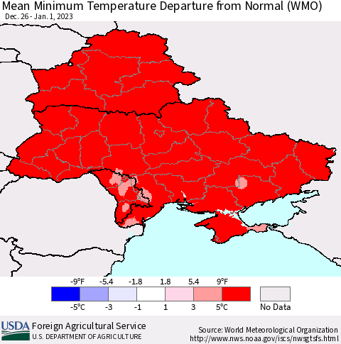 Ukraine, Moldova and Belarus Mean Minimum Temperature Departure from Normal (WMO) Thematic Map For 12/26/2022 - 1/1/2023