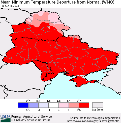 Ukraine, Moldova and Belarus Mean Minimum Temperature Departure from Normal (WMO) Thematic Map For 1/2/2023 - 1/8/2023