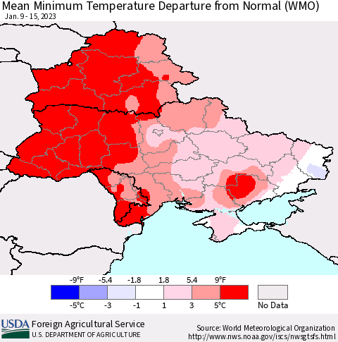 Ukraine, Moldova and Belarus Mean Minimum Temperature Departure from Normal (WMO) Thematic Map For 1/9/2023 - 1/15/2023