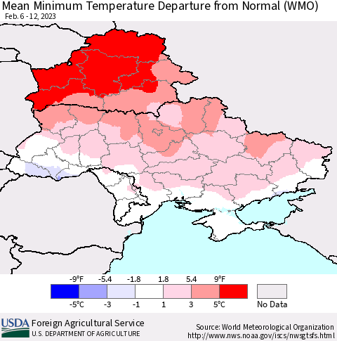 Ukraine, Moldova and Belarus Mean Minimum Temperature Departure from Normal (WMO) Thematic Map For 2/6/2023 - 2/12/2023