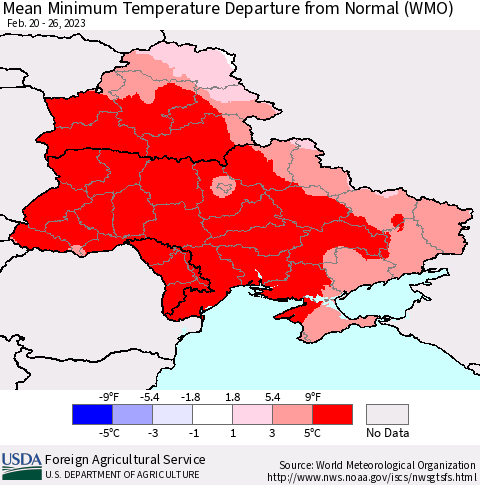 Ukraine, Moldova and Belarus Mean Minimum Temperature Departure from Normal (WMO) Thematic Map For 2/20/2023 - 2/26/2023