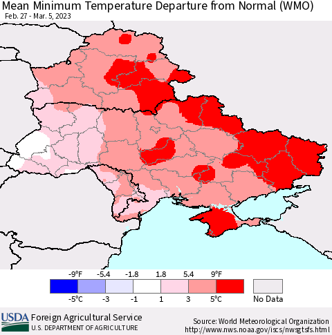 Ukraine, Moldova and Belarus Mean Minimum Temperature Departure from Normal (WMO) Thematic Map For 2/27/2023 - 3/5/2023