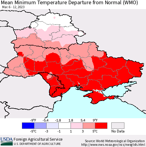 Ukraine, Moldova and Belarus Mean Minimum Temperature Departure from Normal (WMO) Thematic Map For 3/6/2023 - 3/12/2023
