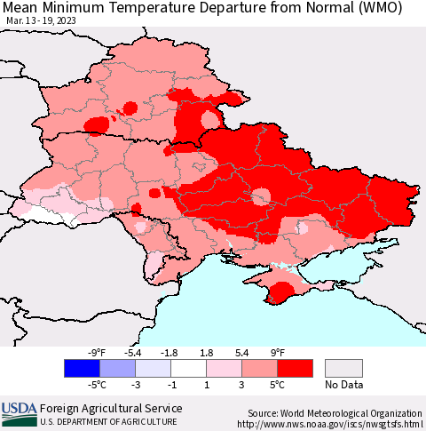 Ukraine, Moldova and Belarus Mean Minimum Temperature Departure from Normal (WMO) Thematic Map For 3/13/2023 - 3/19/2023