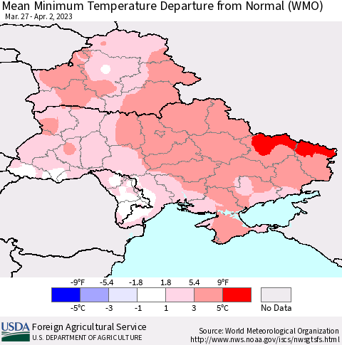 Ukraine, Moldova and Belarus Mean Minimum Temperature Departure from Normal (WMO) Thematic Map For 3/27/2023 - 4/2/2023