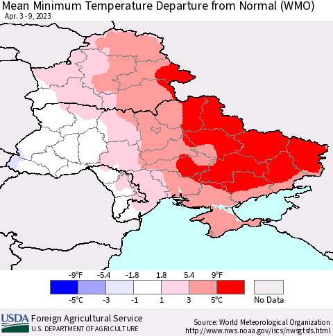 Ukraine, Moldova and Belarus Mean Minimum Temperature Departure from Normal (WMO) Thematic Map For 4/3/2023 - 4/9/2023