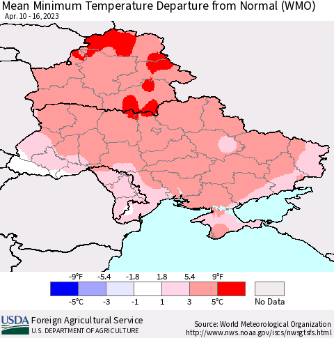 Ukraine, Moldova and Belarus Mean Minimum Temperature Departure from Normal (WMO) Thematic Map For 4/10/2023 - 4/16/2023