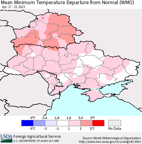 Ukraine, Moldova and Belarus Mean Minimum Temperature Departure from Normal (WMO) Thematic Map For 4/17/2023 - 4/23/2023