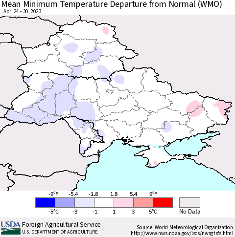 Ukraine, Moldova and Belarus Mean Minimum Temperature Departure from Normal (WMO) Thematic Map For 4/24/2023 - 4/30/2023
