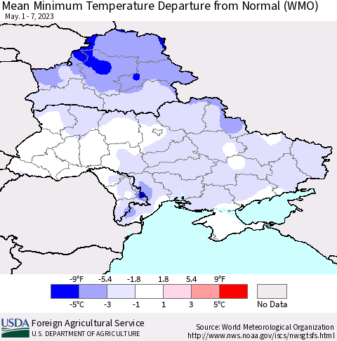 Ukraine, Moldova and Belarus Mean Minimum Temperature Departure from Normal (WMO) Thematic Map For 5/1/2023 - 5/7/2023