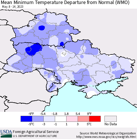 Ukraine, Moldova and Belarus Mean Minimum Temperature Departure from Normal (WMO) Thematic Map For 5/8/2023 - 5/14/2023