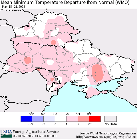 Ukraine, Moldova and Belarus Mean Minimum Temperature Departure from Normal (WMO) Thematic Map For 5/15/2023 - 5/21/2023
