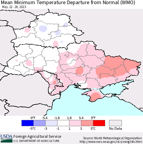 Ukraine, Moldova and Belarus Mean Minimum Temperature Departure from Normal (WMO) Thematic Map For 5/22/2023 - 5/28/2023
