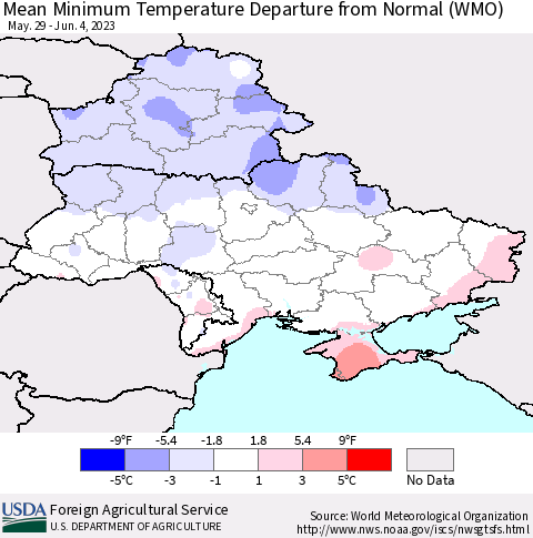 Ukraine, Moldova and Belarus Mean Minimum Temperature Departure from Normal (WMO) Thematic Map For 5/29/2023 - 6/4/2023