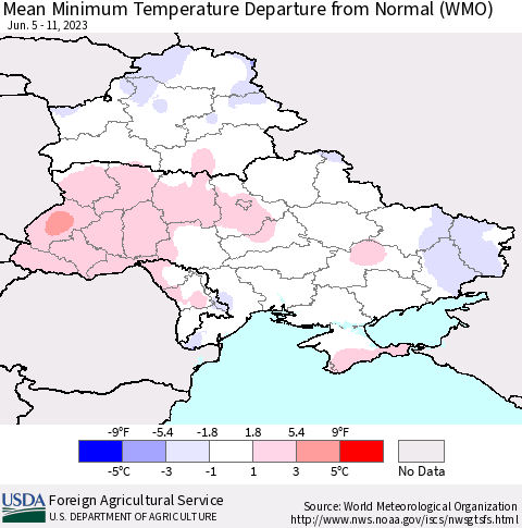 Ukraine, Moldova and Belarus Mean Minimum Temperature Departure from Normal (WMO) Thematic Map For 6/5/2023 - 6/11/2023