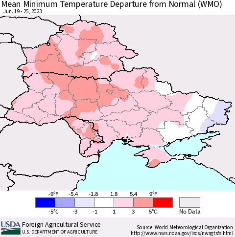 Ukraine, Moldova and Belarus Mean Minimum Temperature Departure from Normal (WMO) Thematic Map For 6/19/2023 - 6/25/2023
